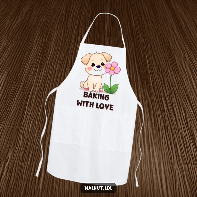 Funny apron with a dog smiling at a flower, for garden lovers and cooks who appreciate gentle humor.