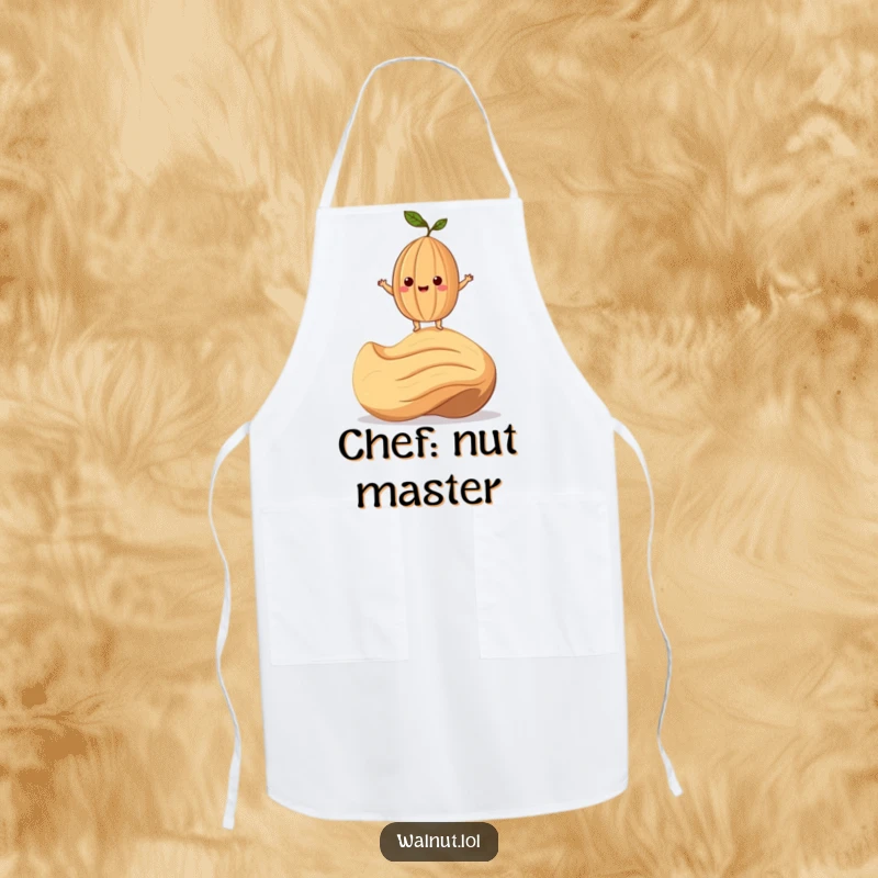 Funny Apron with a smiling walnut character balancing precariously on a giant cashew, ideal for kitchen humor.