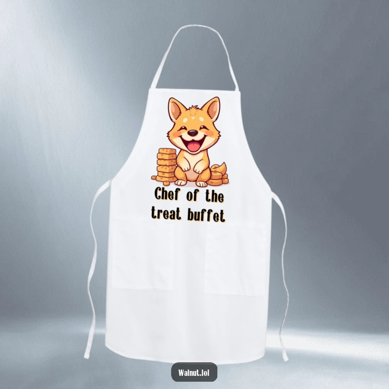 Funny dog apron showing a wild dog grinning while balancing a stack of dog treats, perfect for the kitchen.