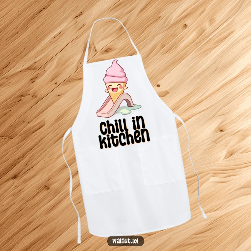 Funny apron featuring a laughing ice cream cone character melting on a slide, ideal for messy cooking and baking sessions.