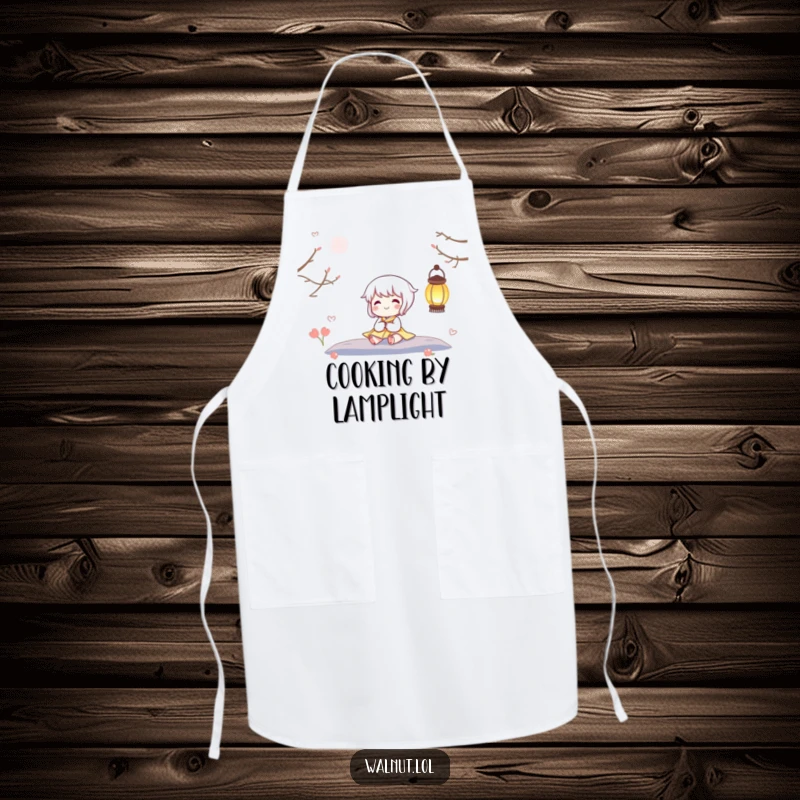 Funny apron showcasing a happy character enjoying the warm glow of a twinkling lantern while in the kitchen, adding cheer to cooking.