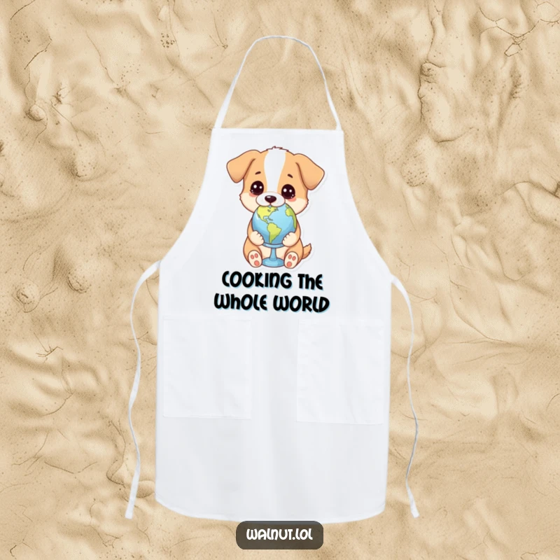 Funny apron with a dog holding a tiny globe with a thoughtful gaze, perfect for cooking global cuisine.