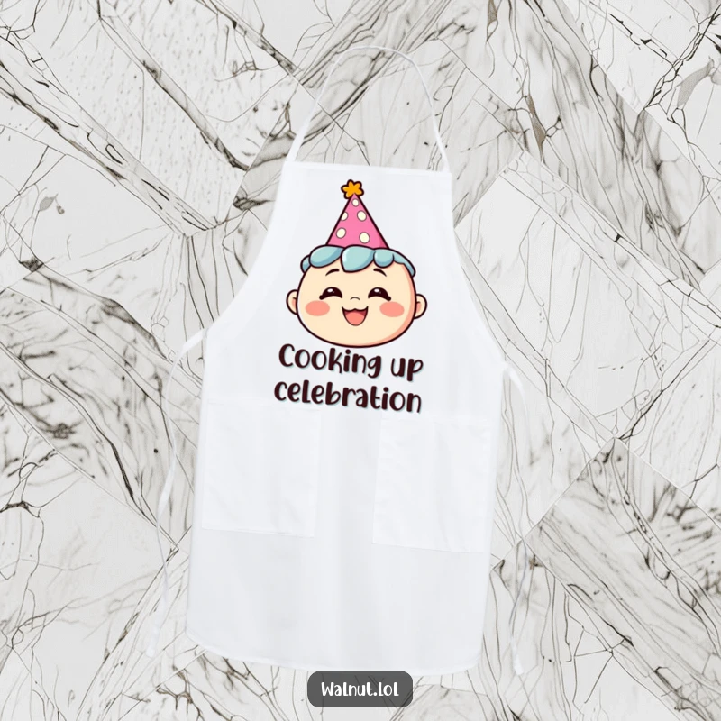Funny kitchen apron featuring a character wearing a party hat with a silly grin, adding humorous flair to cooking.