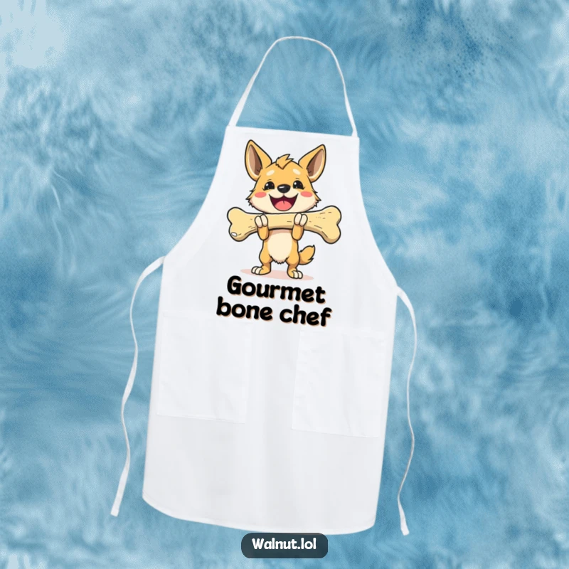 Funny Apron with a triumphant dog carrying a giant bone, ideal for cooks who love to win.