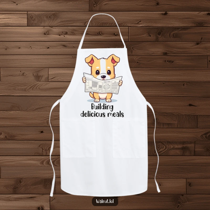 Funny apron with a dog holding a complex blueprint and looking curious, ideal for a humorous and detail-oriented cooking experience.
