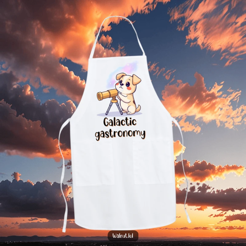 Funny apron depicting a dog using a telescope to view a galaxy, combining culinary fun with a passion for space.
