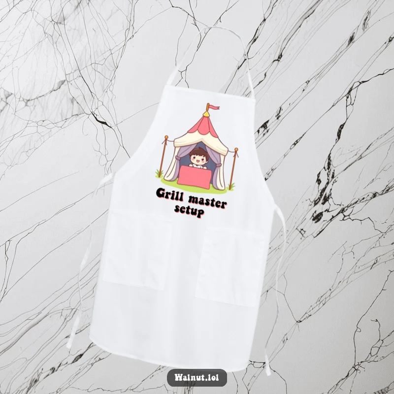 Funny Apron showing a cute character smiling while setting up a colorful tent, perfect for outdoor cooking and fun.