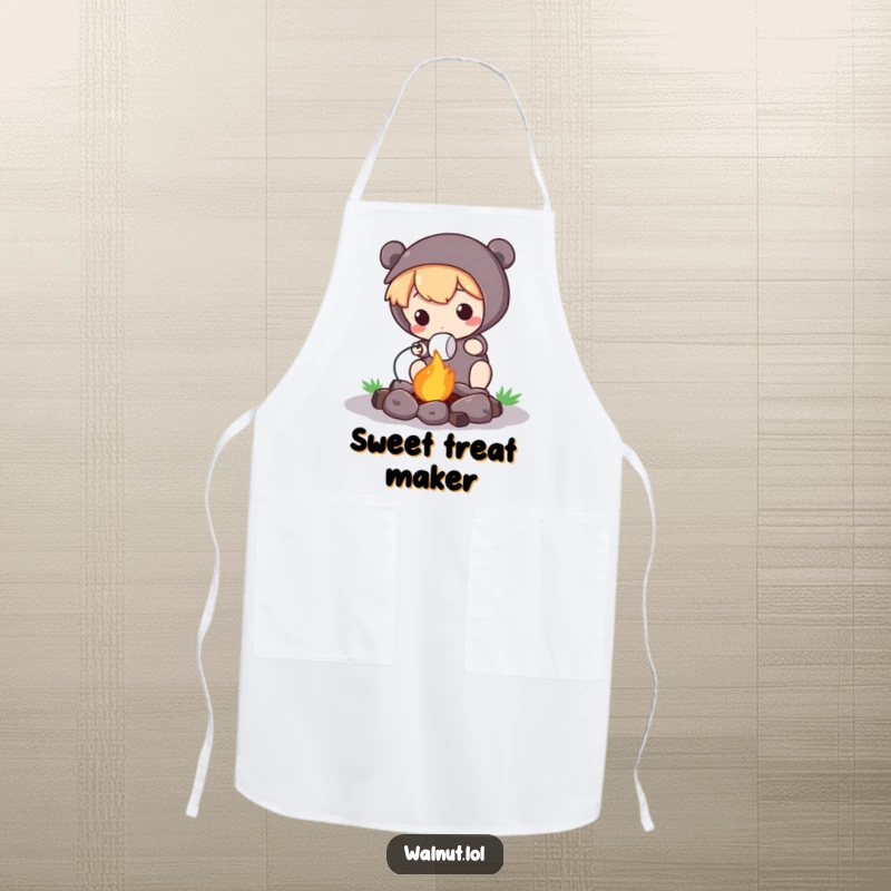 Funny Apron showing a cute character roasting a marshmallow over a tiny campfire, perfect for outdoor cooking and fun.