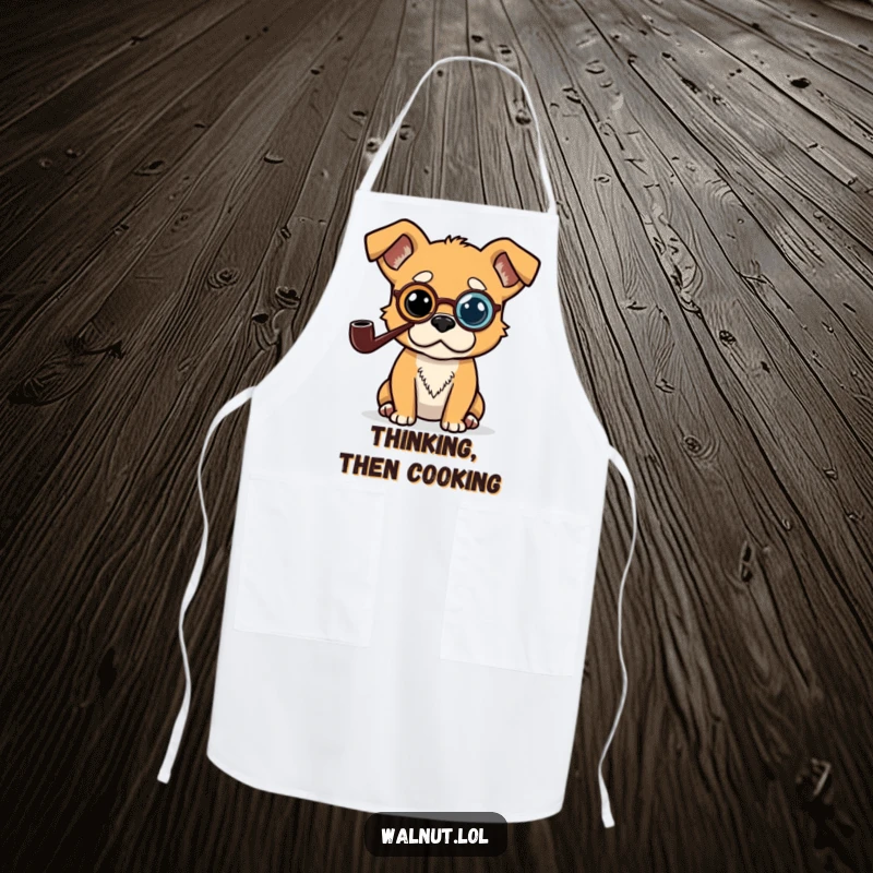 Funny apron with a distinguished dog wearing a monocle and pipe, looking intently at his cooking, perfect for the kitchen.