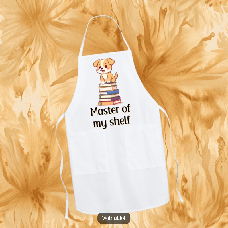 Funny dog apron with a dog balancing on a tilted stack of books, perfect for kitchen fun.