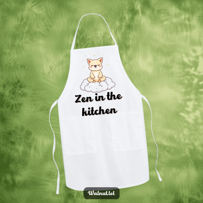 Funny dog apron with a dog meditating peacefully on a cloud, perfect for kitchen calm.