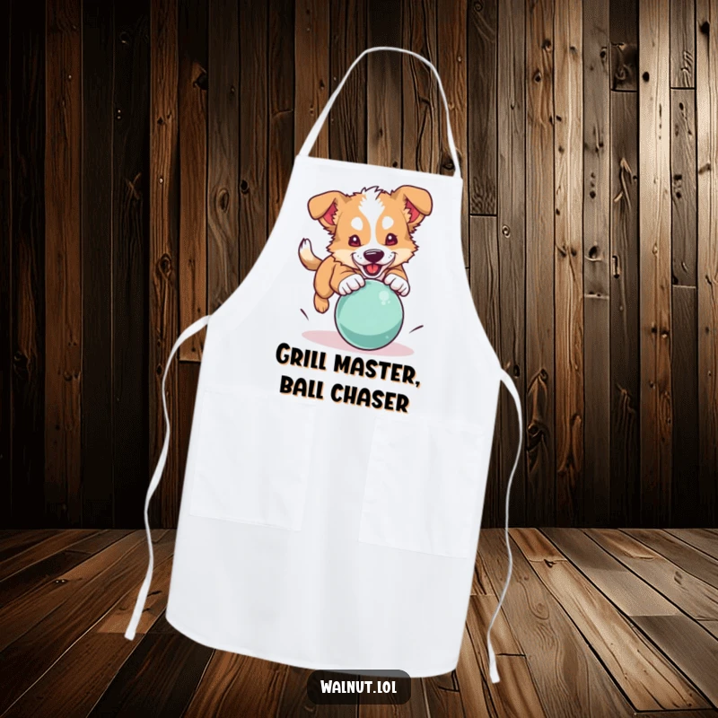 Funny dog apron illustrating a wild dog pouncing on a bouncing ball, perfect for a fun kitchen.