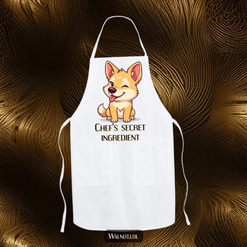 Funny dog apron depicting a wild dog with a mischievous wink, ideal for adding humor to cooking and baking.