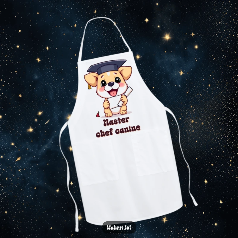 Funny graduation dog apron featuring a proud pup ready to cook, diploma nearby, adding humor to kitchen duties.