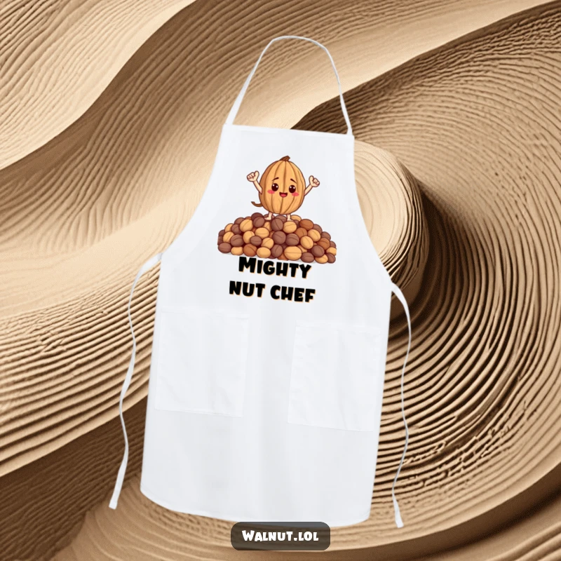 Funny cooking apron featuring a heroic walnut with arms striking a pose on a pile of nuts, ready for the kitchen.