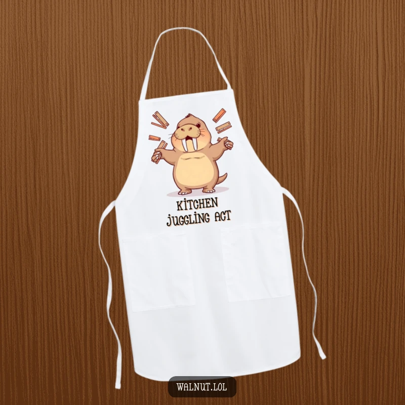 Funny apron showing a walrus juggling staplers, ideal for cooking or any activity where a touch of playful chaos is welcome.