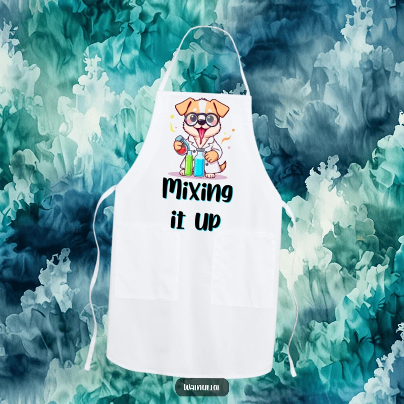 Funny lab coat dog apron with a dog scientist mixing liquids, perfect for protecting clothes during kitchen experiments.