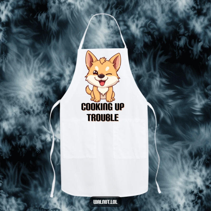Funny Apron featuring a wild dog with a mischievous wink. A humorous and playful cooking accessory for dog lovers.