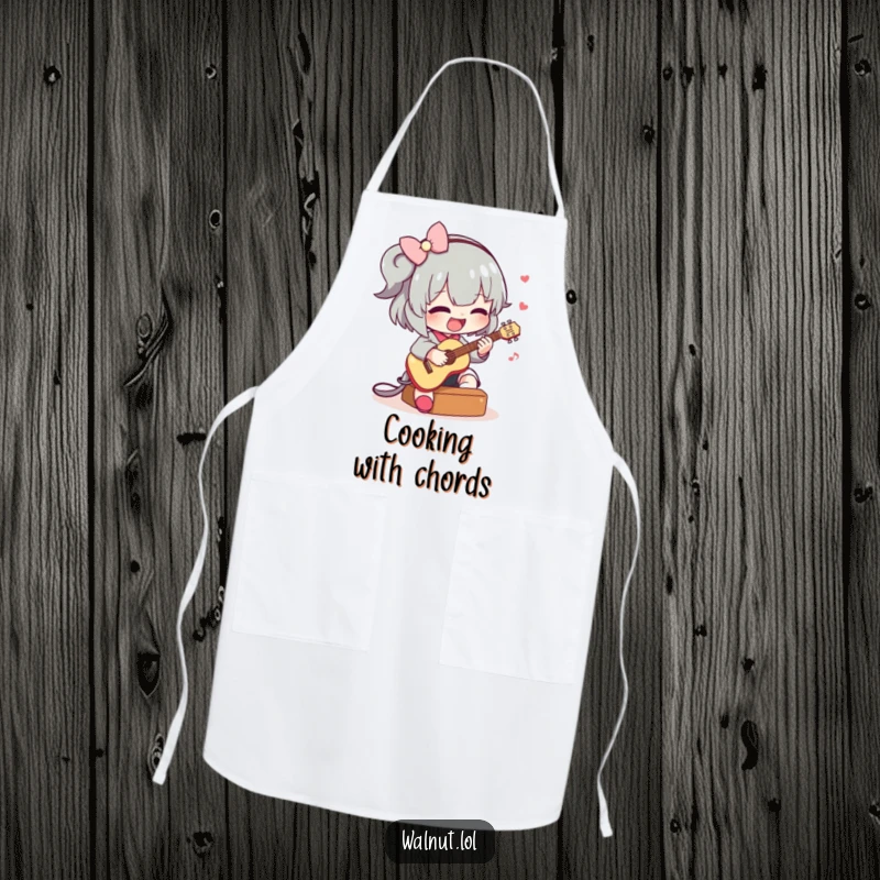 Funny apron depicting a character happily playing a small guitar while cooking, perfect for adding musical fun to kitchen activities.