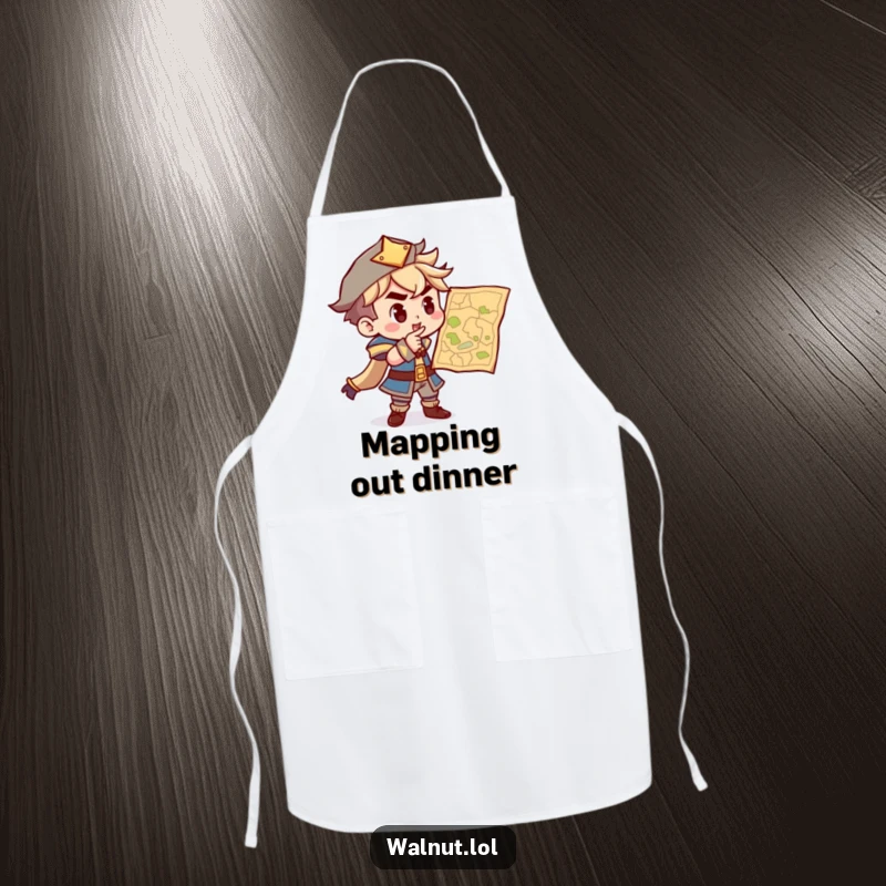 Funny apron depicting a determined character pointing at a map, ideal for kitchen adventures and culinary explorations.