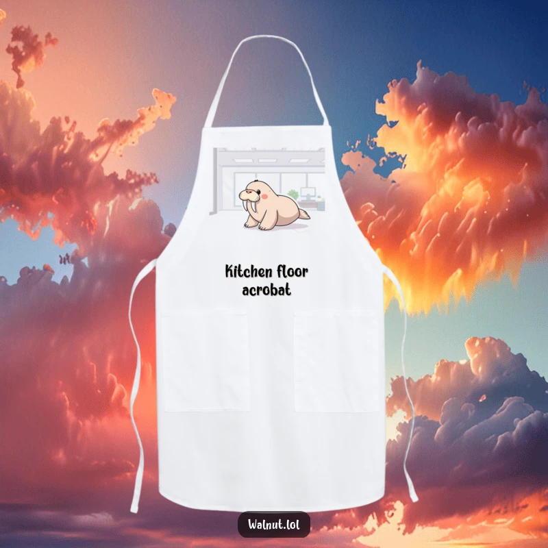 Funny apron showing a walrus sliding across a polished office floor, ideal for kitchen work or any activity where humor is essential.