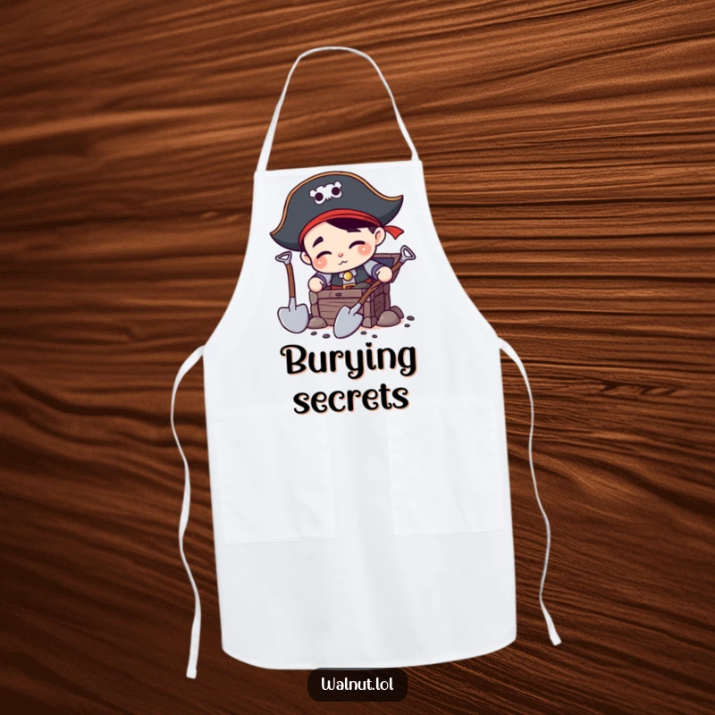 Funny Pirate Digging Apron: Busy pirate character using two shovels to dig for treasure, perfect for a fun-filled cooking or crafting session.
