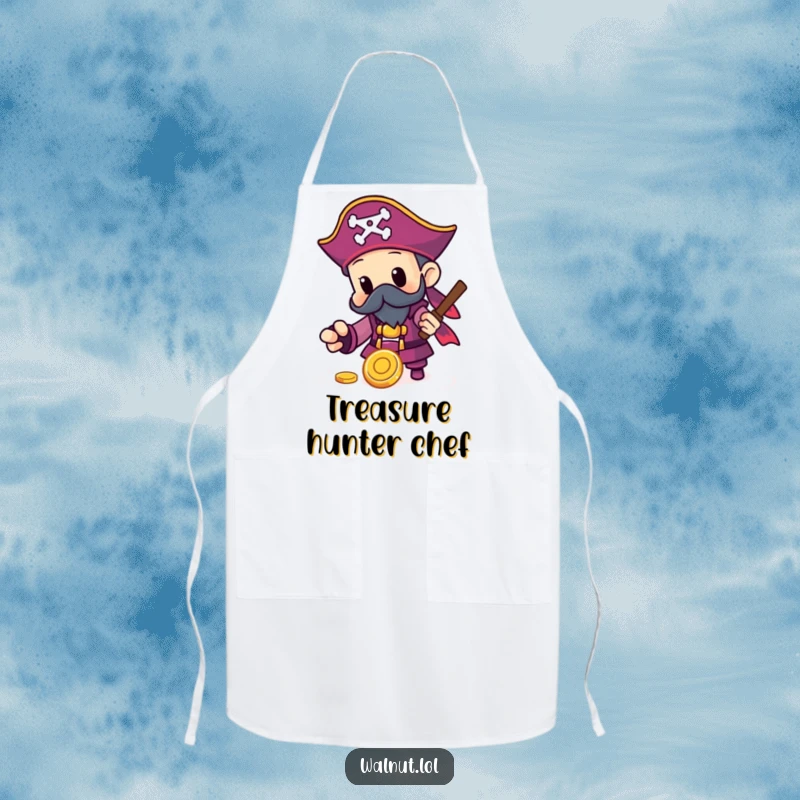 Funny Pirate Apron with a character finding a shiny gold coin, perfect for kitchen adventures and pirate-themed parties.