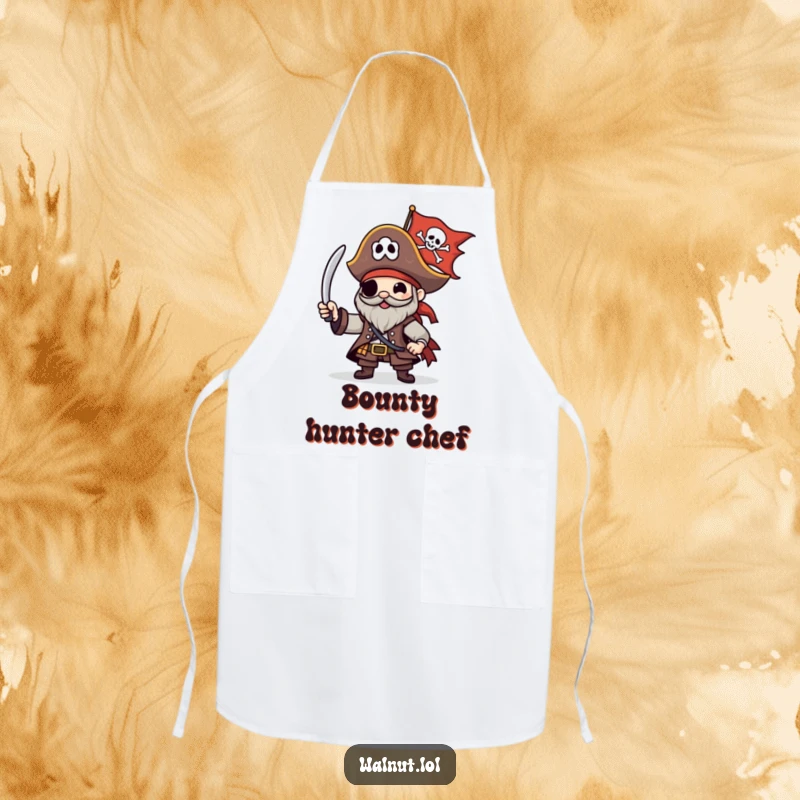 Funny Pirate Apron with a character happily waving a Jolly Roger flag, perfect for kitchen adventures and pirate-themed parties.