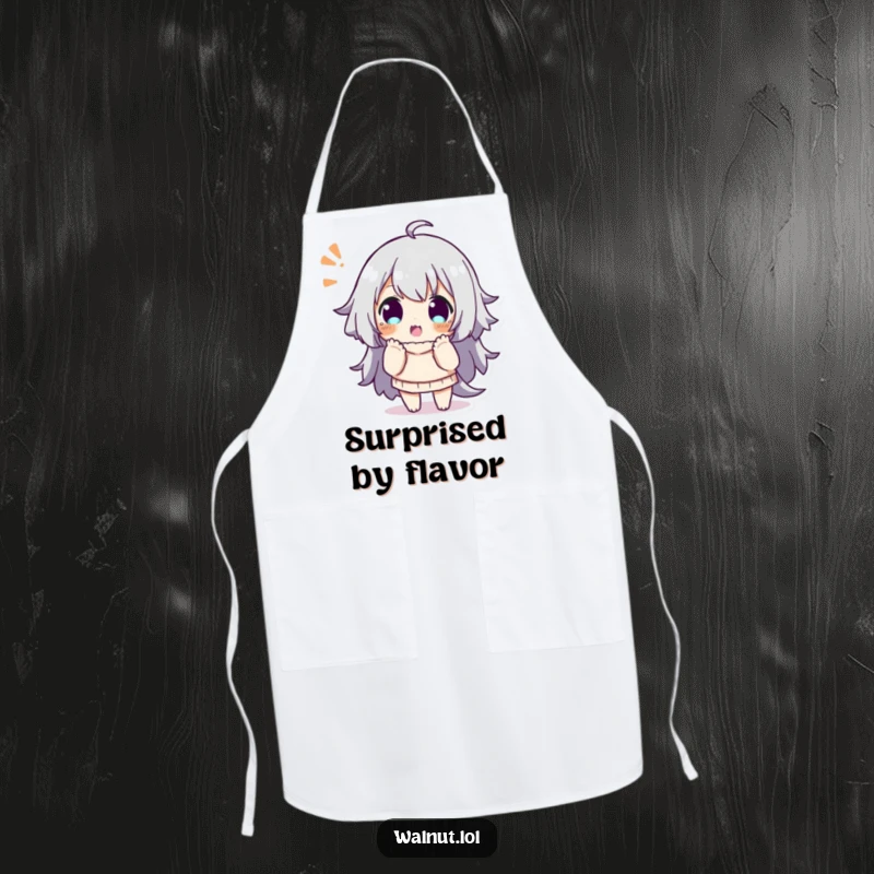 Funny kitchen apron featuring a character striking a playful, surprised pose, adding humorous flair to cooking.