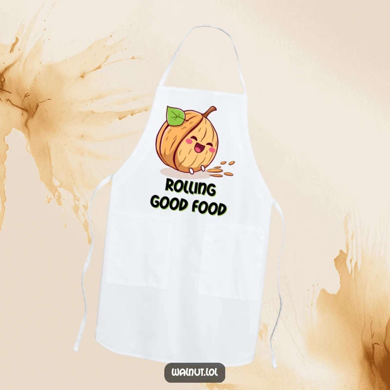 Funny kitchen apron depicting a walnut character comically rolling downhill, ready for cooking adventures.