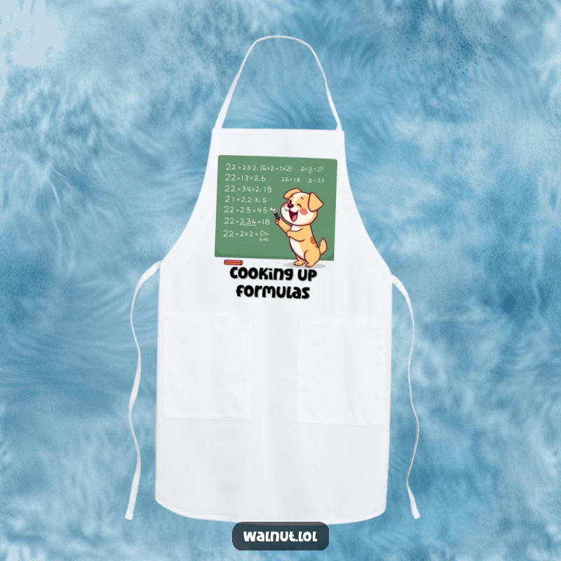 Funny apron with a dog diligently working on mathematical equations on a chalkboard, ideal for a humorous and smart cooking experience.