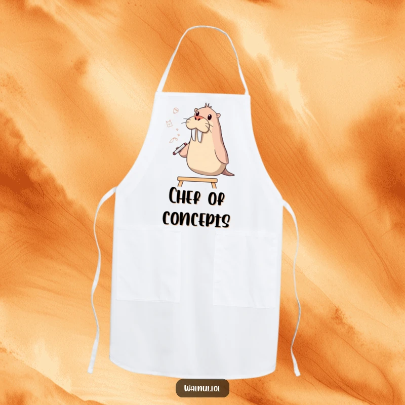 Funny walrus character wearing an apron, humorously sketching ideas on a whiteboard while cooking or crafting.