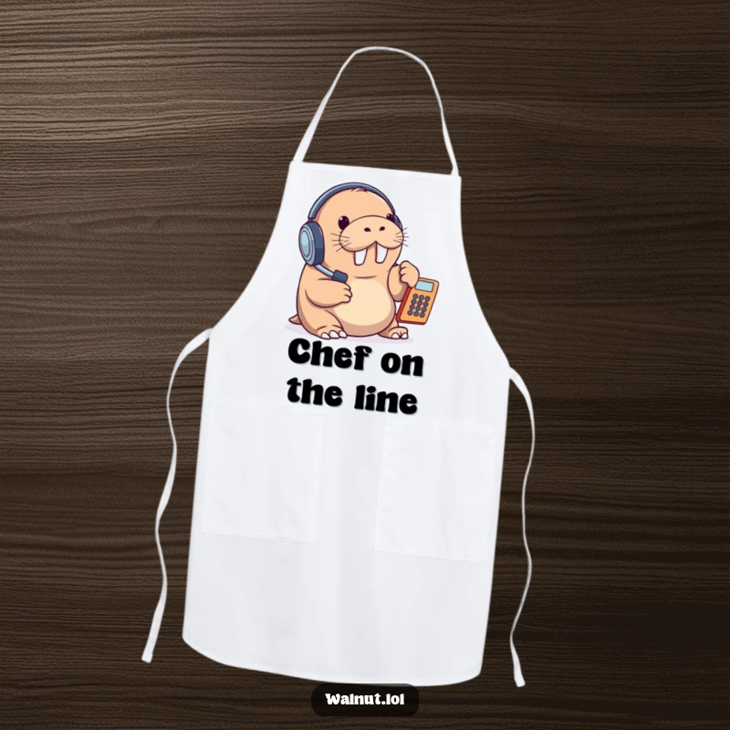 Funny apron showing a walrus wearing a headset and answering a phone, ideal for kitchen work or any activity where a touch of humor is welcome.