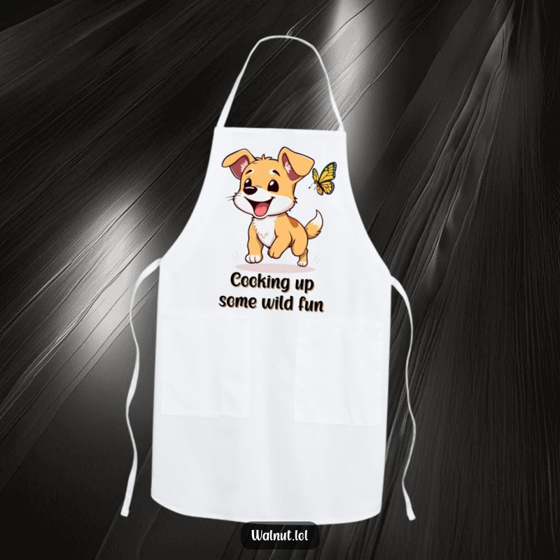 Funny dog apron featuring a wild dog with floppy ears joyfully chasing a butterfly, perfect for kitchen adventures.