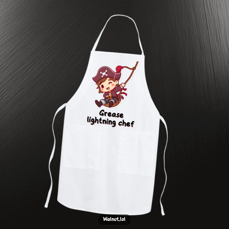 Funny Pirate Rope Slide Apron: Energetic pirate character sliding down a rope, ideal for fun cooking sessions or kitchen tasks.