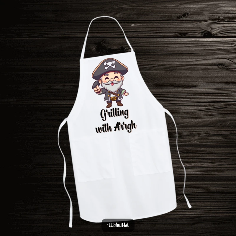 Funny Pirate Apron with a character giving a hearty Arrgh! gesture, perfect for kitchen adventures and pirate-themed parties.