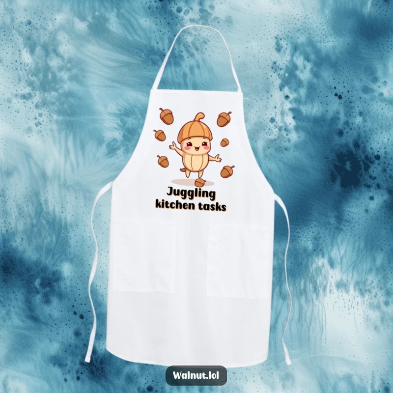 Funny kitchen apron with a jaunty walnut character playfully juggling acorns, perfect for culinary fun.