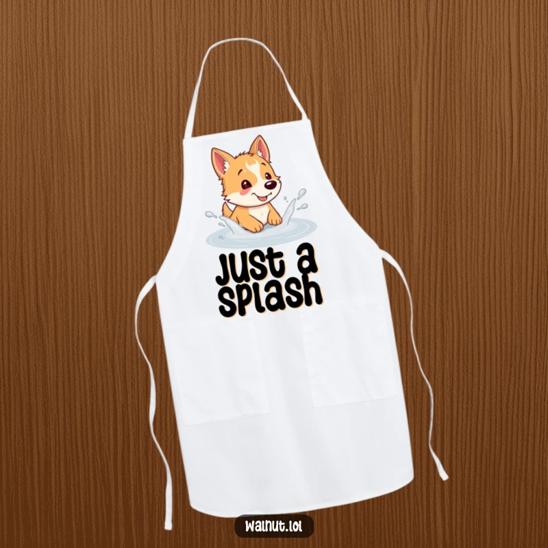 Funny dog apron depicting a wild dog humorously splashing in a puddle, perfect for kitchen fun and mess protection.