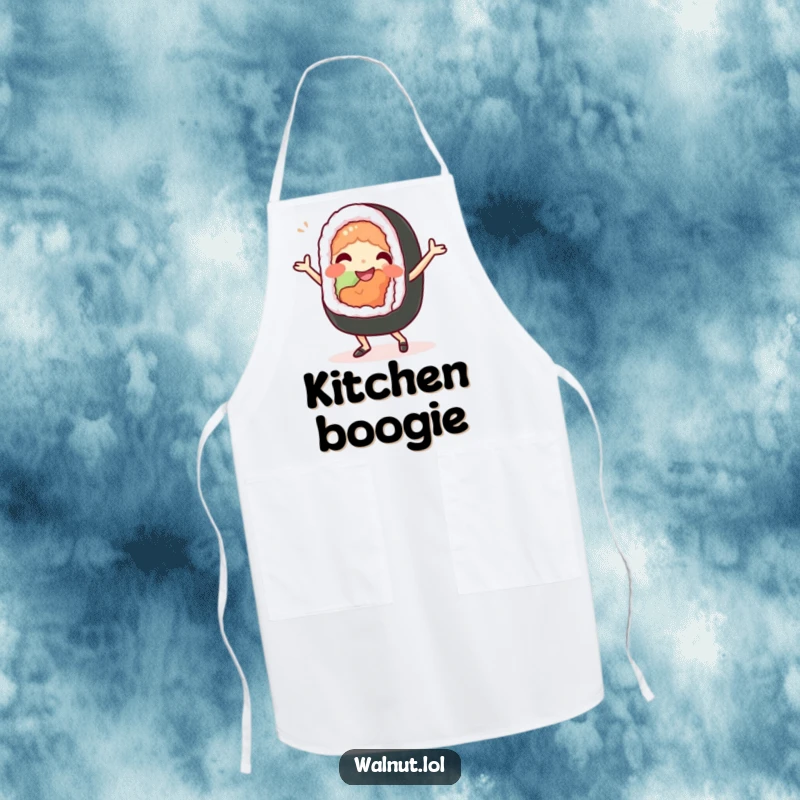 Funny Apron: A beaming sushi roll character dances playfully, bringing culinary fun and humor to the kitchen.