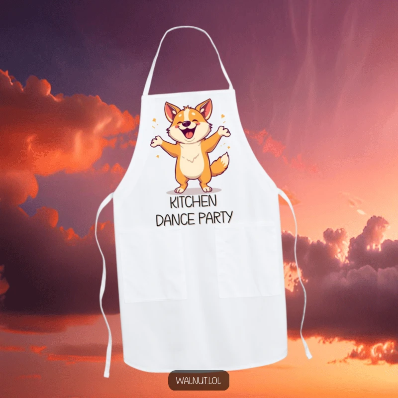Funny Apron with a happy dog doing a dance, ideal for cooks who love to spread cheer while creating.