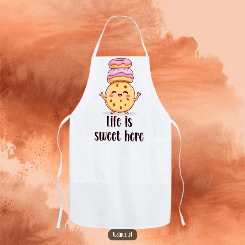 Funny giggling cookie character, balancing donuts on head, sweet treat humor, baking wear, kitchen funny apron.