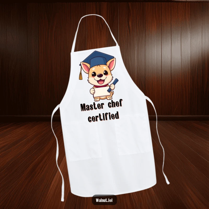 Funny Apron featuring a dog wearing a graduation cap, excitedly holding a diploma. A humorous and celebratory cooking accessory.