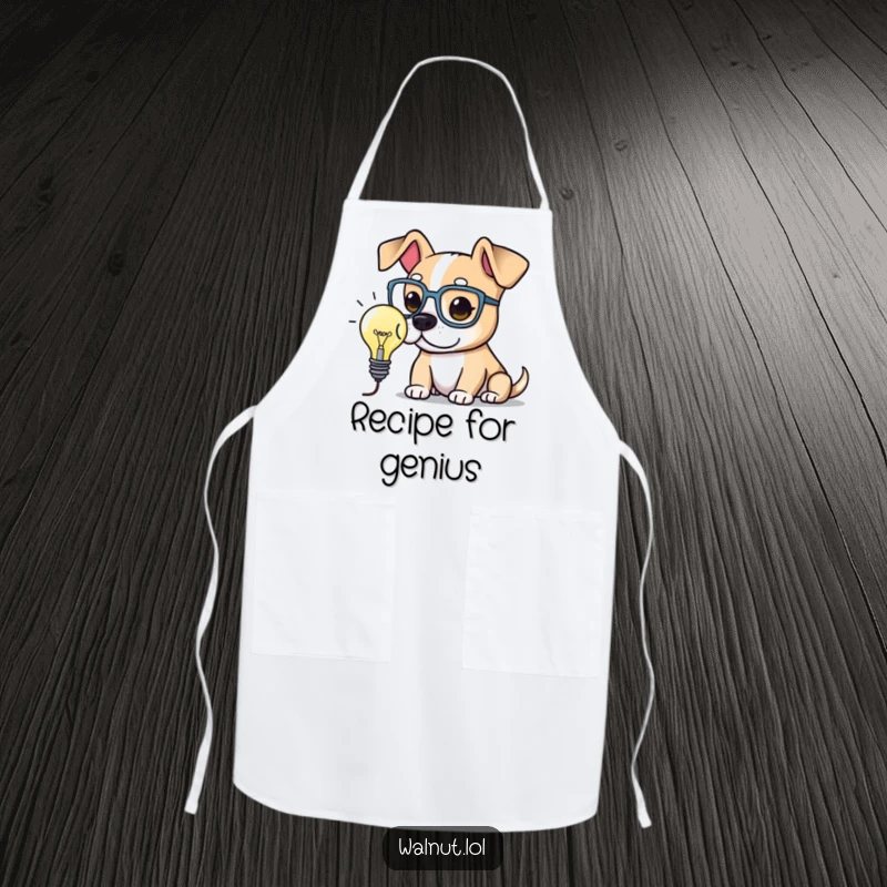 Funny Apron featuring an intelligent dog in spectacles, pondering a lightbulb. A humorous and clever cooking accessory.
