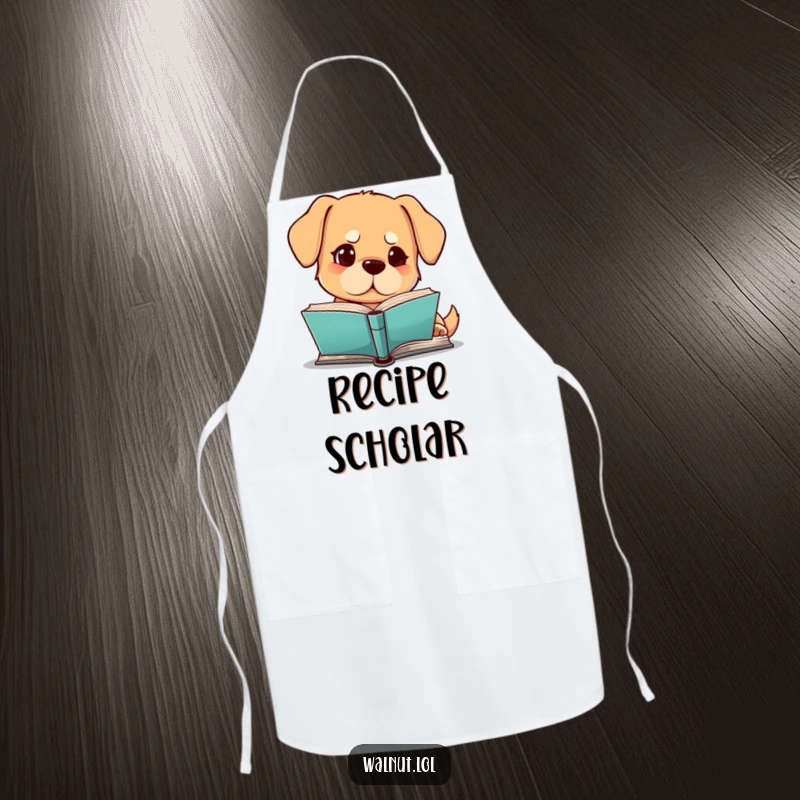 Funny dog apron with a dog reading a book with a furrowed brow, perfect for culinary scholars, funny gift.