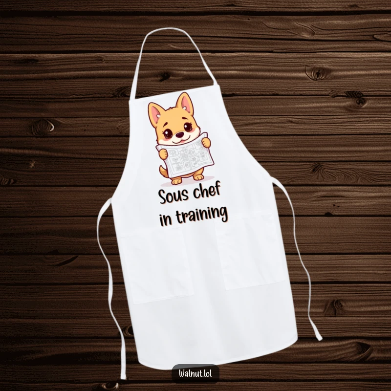 Funny blueprint dog apron with a dog studying plans, perfect for keeping clothes clean while planning delicious meals.