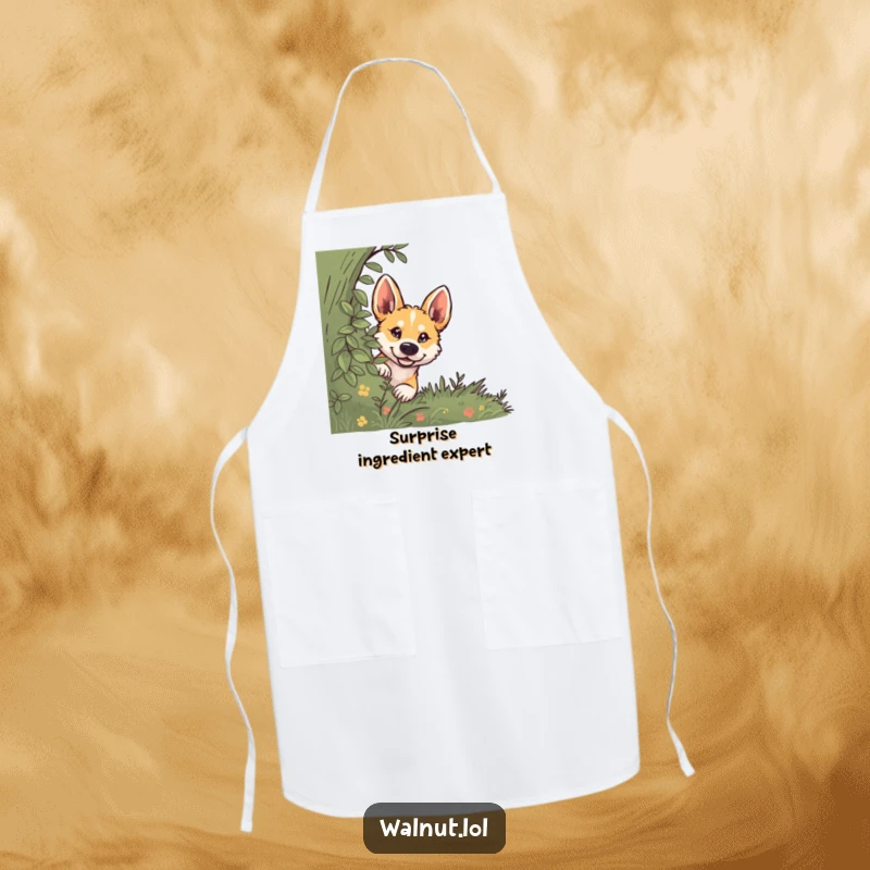Funny dog apron showing a wild dog peeking from behind a bush with a curious expression, perfect for cooking.
