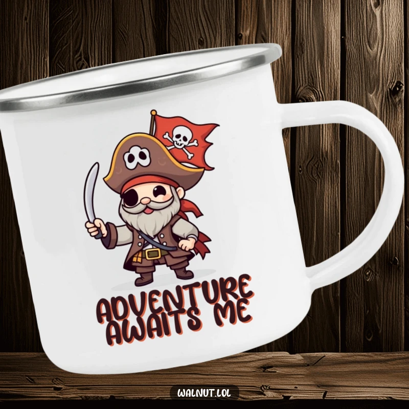 Funny Pirate Camping Mug with a character happily waving a Jolly Roger flag, perfect for outdoor adventures and pirate enthusiasts.