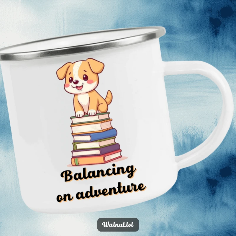 Funny dog camping mug with a dog balancing on a tilted stack of books, ideal for outdoors.