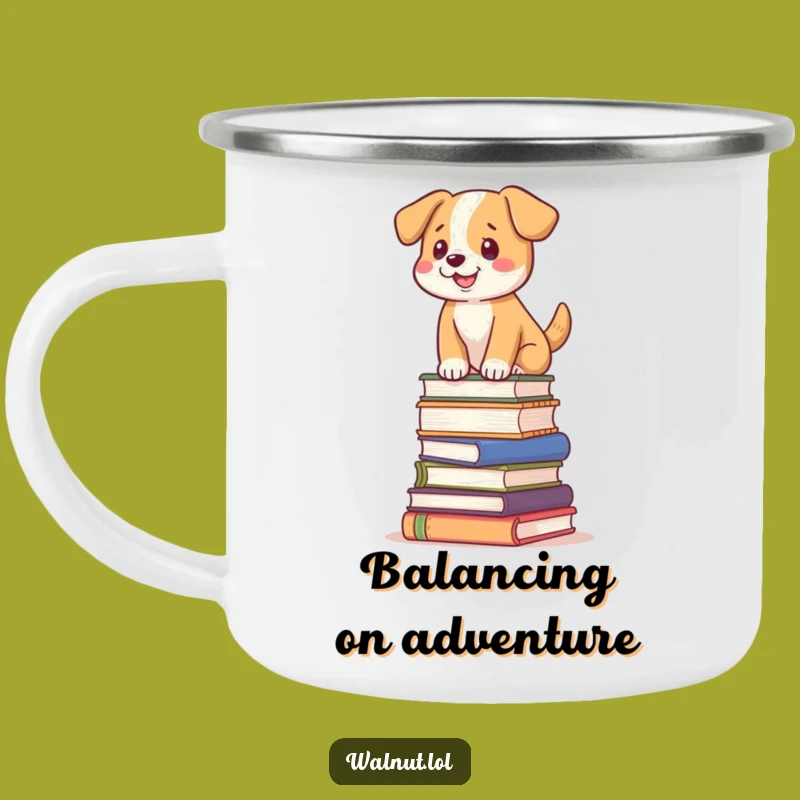 Funny Dog Book Stack Camping Mug: Adventure with Literary Balance