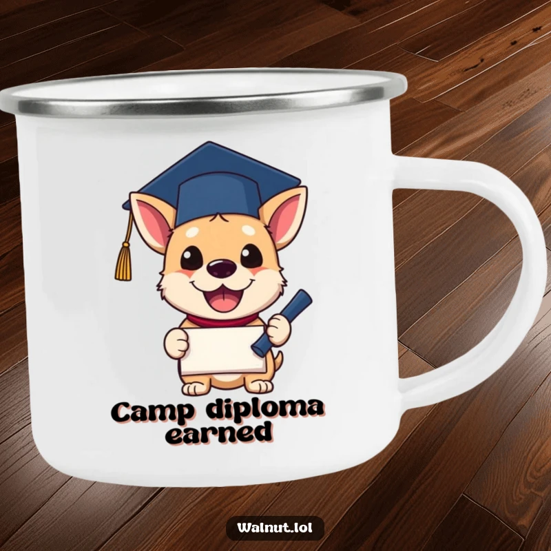 Funny Camping Mug with a resilient dog in a graduation cap, excitedly holding a diploma. Humorous and practical for celebrating achievements.